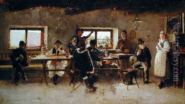 Revellers in a Pub, 1888 Oil Painting - Simon Hollosy