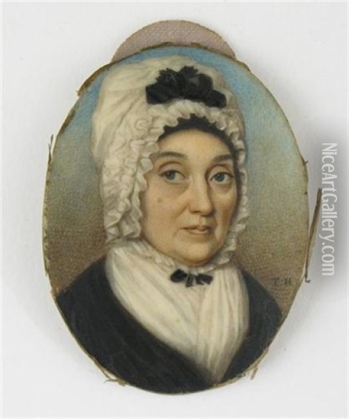 Portrait Of A Woman Wearing A Blue Dress And A White Lace Bonnet Oil Painting - Thomas Hazlehurst
