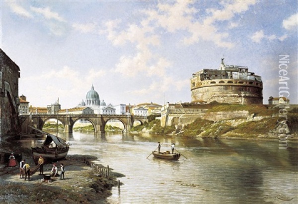 Une Vue Du Chateau Et Le Pont St.- Ange A Rome Oil Painting - Jacques Francois Carabain