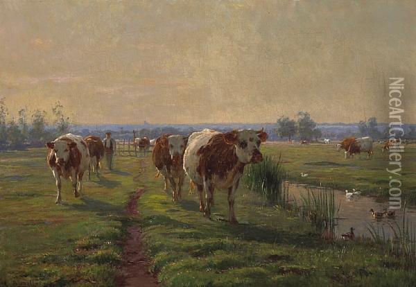 Cattle Returning From Pasture Oil Painting - Leon Barillot
