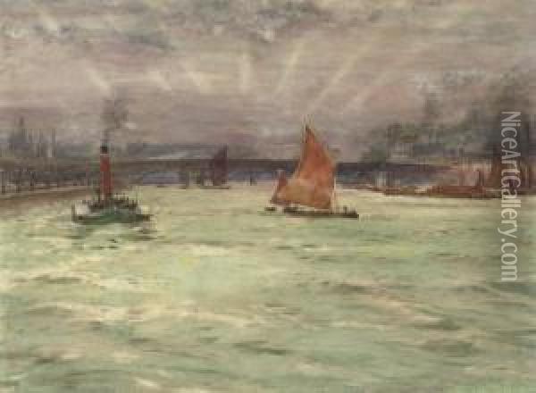 Sail Boats And A Paddle Steamer On The Thames Oil Painting - Charles John de Lacy