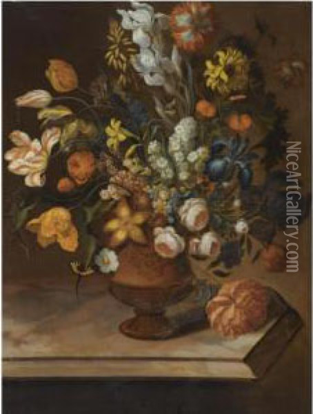 A Still Life Of Peonies, Roses, 
Parrot Tulips, Daffodils, A Sun Flower, Fuchsia's And Other Flowers In A
 Sculpted Vase, On A Stone Table Oil Painting - Caspar Pieter I Verbrugghen