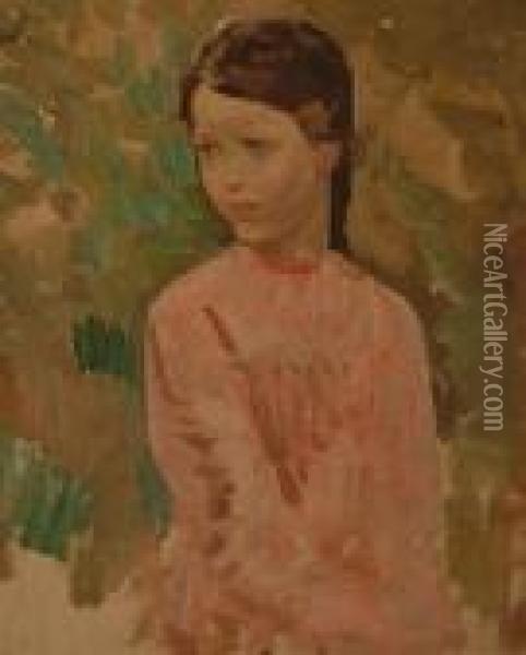 Study Of A Young Girl In A Pink Dress. Oil Painting - Harry Watson
