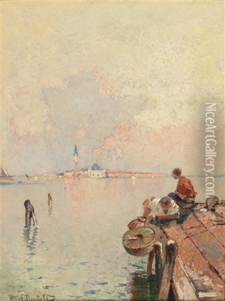 Fishermen On A Wooden Jetty Near Venice Oil Painting - Hans Von Bartels