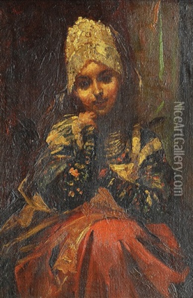 Jeune Fille En Habit Traditionnel Russe Oil Painting - Konstantin Egorovich Makovsky