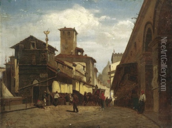 Auf Dem Ponte Vecchio In Florenz Oil Painting - Louis Douzette