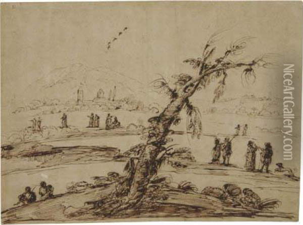 Landscape With A Large Tree And Figures Oil Painting - Guercino