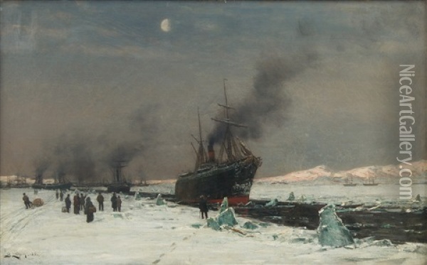 Breaking Ice By The Shore Oil Painting - Berndt Adolf Lindholm