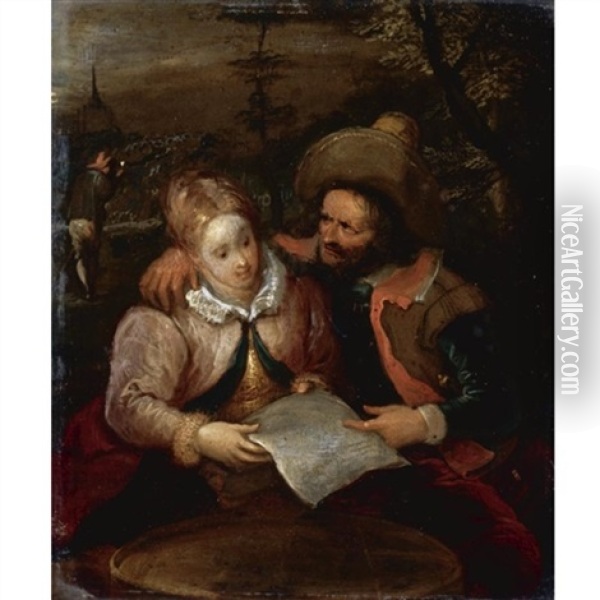 A Young Lady And A Cavalier Holding A Letter Oil Painting - Frans Francken III