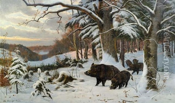 Wildschweine In Winterlandschaft Oil Painting - Otto Recknagel