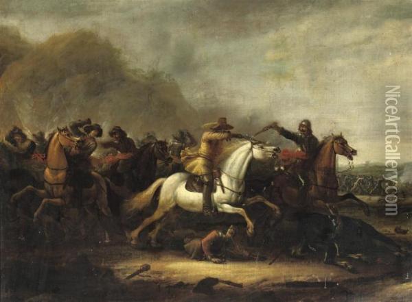 A Cavalry Skirmish In A Mountainous Landscape Oil Painting - Abraham van der Hoef