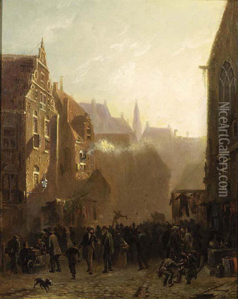 A Market Scene In A Street, Groningen Oil Painting - Sybolt Berghuis