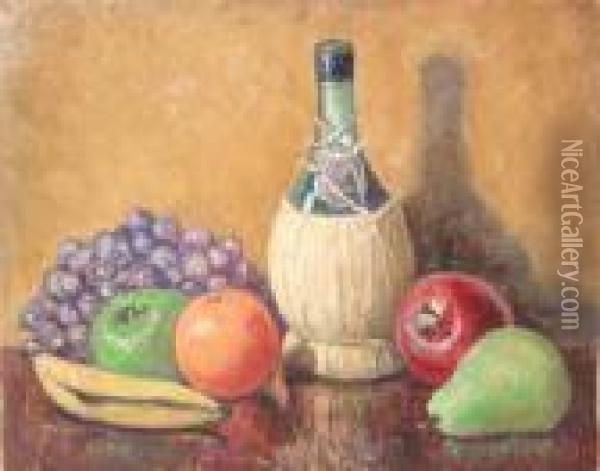 Still Life With Fruit And Wine Bottle Oil Painting - William Mark Fisher