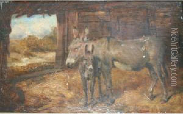 A Donkey With A Foal Oil Painting - Of John Alfred Wheeler