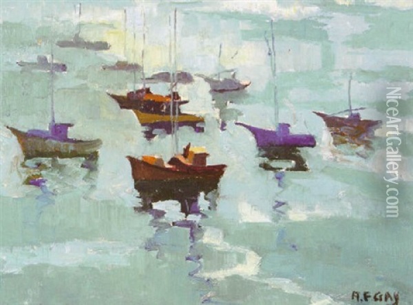 Boats In Monterey Bay Oil Painting - August Gay