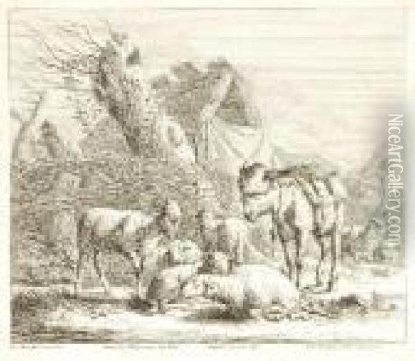 Esel Und Schafe Oil Painting - Johann Elias Ridinger or Riedinger