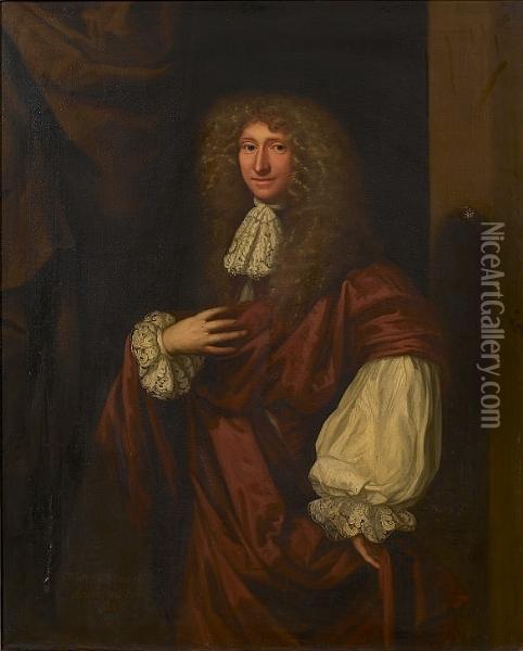 Portrait Of A Gentleman, Said To Be Sir William Whitmore, 2nd Bart. Of Apley, Three-quarter-length, In A Russet Coat With A White Lace Jabot, Standing Before A Column Oil Painting - John Greenhill