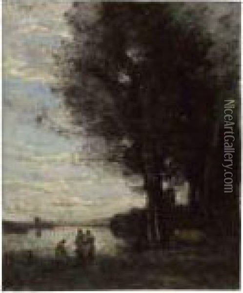 Trois Paysannes Avec Une Vache Au Bord De L'eau Oil Painting - Jean-Baptiste-Camille Corot