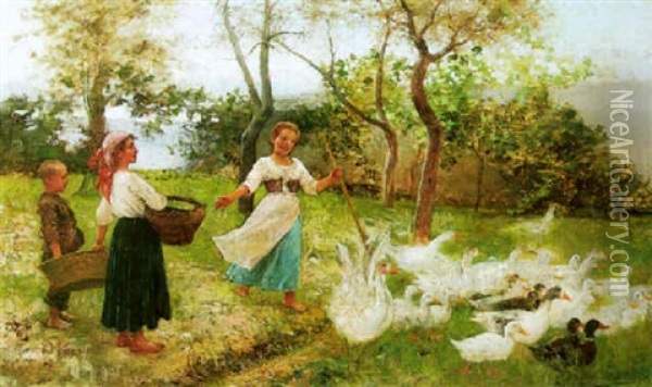Young Peasants With Their Flock Of Gesse Oil Painting - Juan Antonio Benlliure y Gil