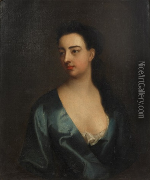 Portrait Of A Lady, Bust-length, In A Blue Dress, Within A Painted Oval Oil Painting - James Latham
