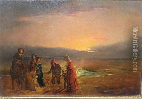 A Figure Group On A Beach At Sunset Oil Painting - Robert Henry Roe