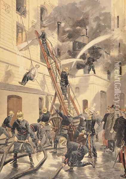 Felix Faure 1841-99 with the firemen, from Le Petit Journal, 20th February 1898 Oil Painting - Oswaldo Tofani