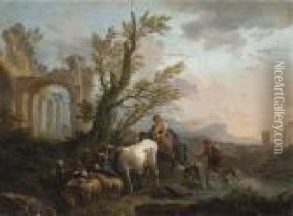 An Italianate River Landscape With A Peasant Family Travelling With His Goats And Cattle Oil Painting - Andrea Locatelli