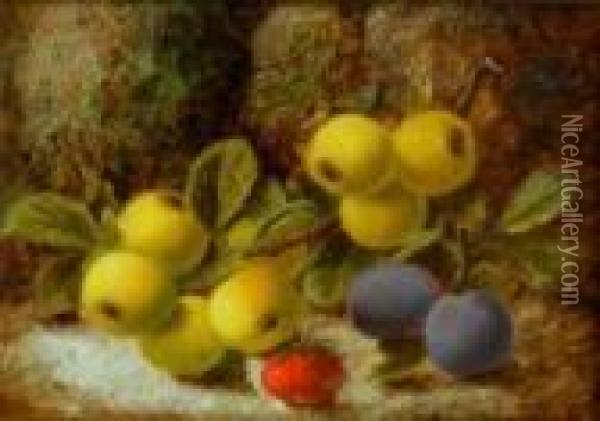 Plums
And A Strawberry On A Mossy Bank Oil Painting - Oliver Clare