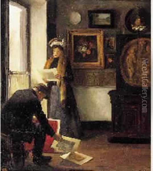 Jeune Femme Chez L'antiquaire Oil Painting - Georges H. Burdy