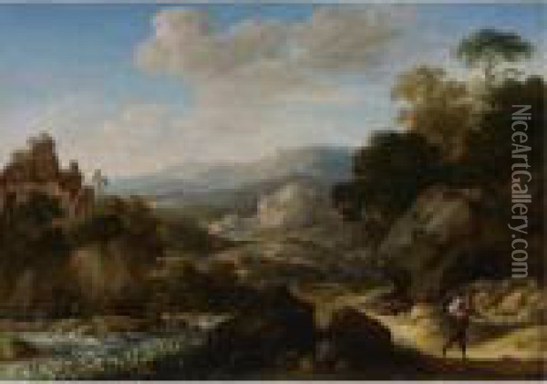 Mountainous Landscape With Travelers Oil Painting - Herman Saftleven