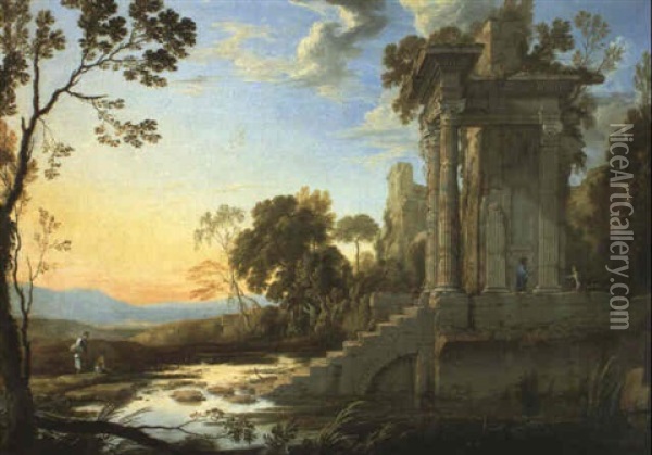 Paysage De Ruines Romaines Au Bord D'un Etung Oil Painting - Pierre Patel