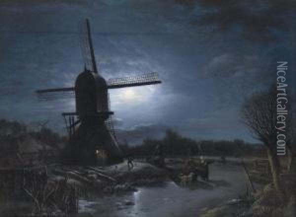 Activities Near A Windmill At Night Oil Painting - Arnoldus Van Well Dordrecht