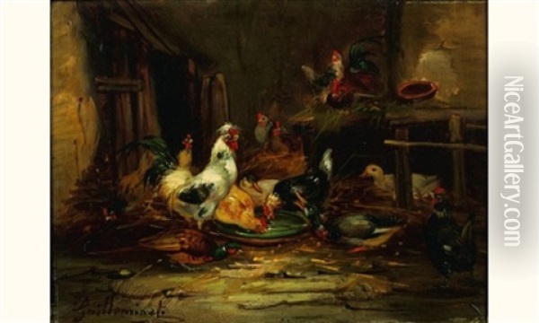 Les Poules (+ Another; Pair) Oil Painting - Claude Guilleminet