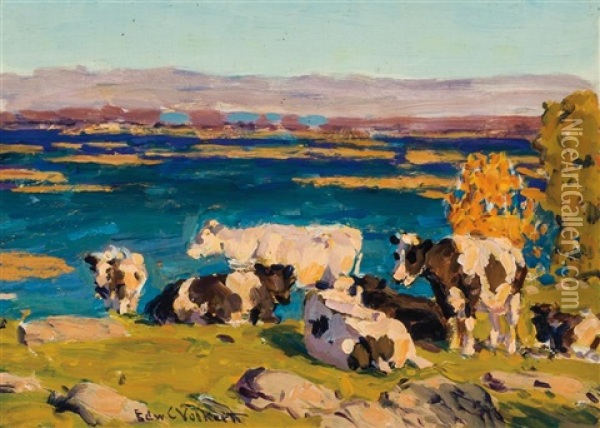 (a) Pasture By The Sea (b) Cows In A Pasture (a Pair) Oil Painting - Edward Charles Volkert