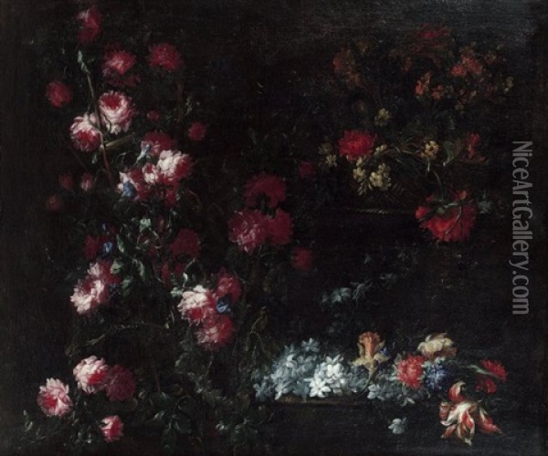 Composition Au Rosier Et Aux Paniers De Fleurs Oil Painting - Margherita Caffi