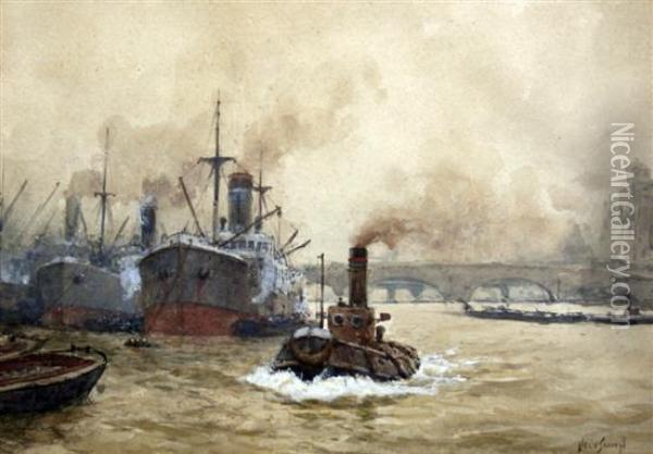 Unloading On The Thames Oil Painting - Augustus Morton Hely-Smith