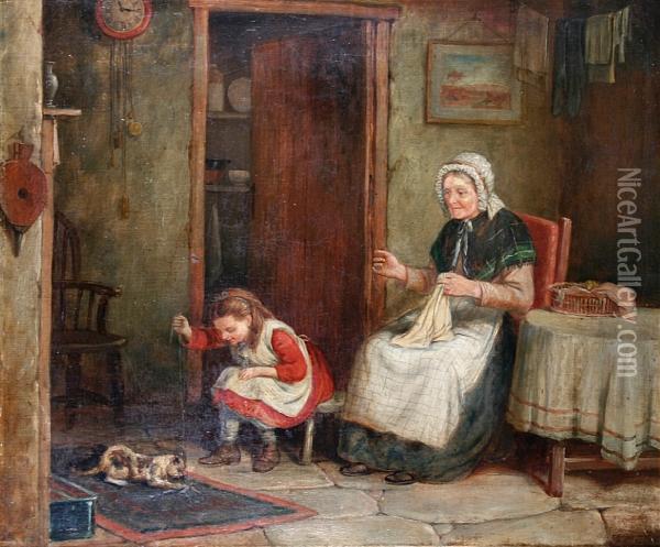 Cottage Interior With Young Girl
 Playing With A Kitten And A Lady Sewing Seated By A Table Oil Painting - Mark W. Langlois