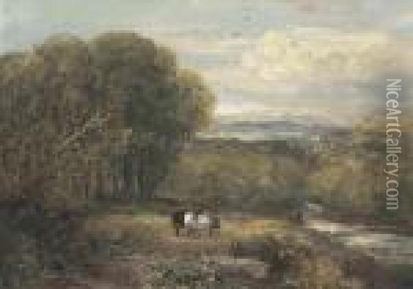 A Man With Horses And An Angler In Bolton Park, Yorkshire Oil Painting - David I Cox