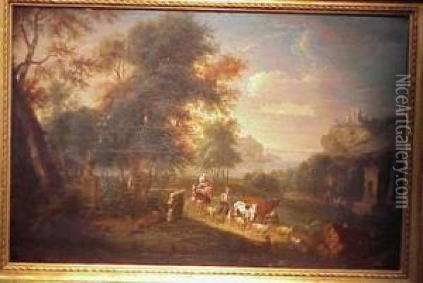 Drovers With Livestock In A Landscape Oil Painting - Jan Hackaert