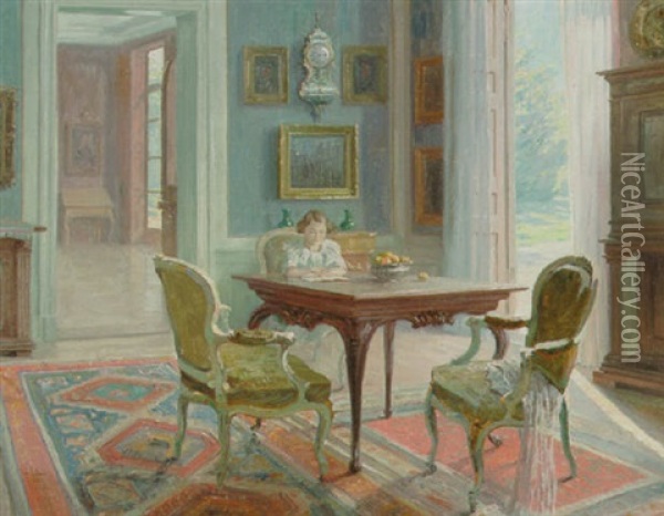Herskabeligt Interior Med Husets Datter Laesende Ved Et Bord Oil Painting - Robert Panitzsch