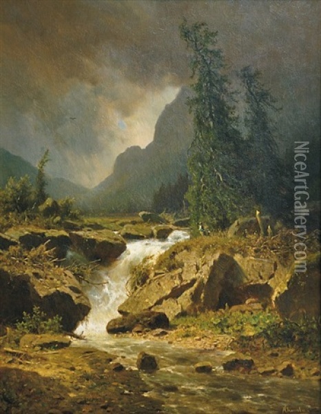 Landscape With A Waterfall In A Storm Oil Painting - Adolf Chwala