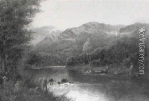 Fishing A Highland River Oil Painting - William Langley