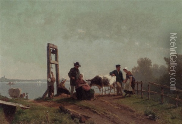 Peasants Waiting For A Ferry, Lower Rhine Oil Painting - Jacobus Nicolas (Baron) Tjarda van Starkenborg