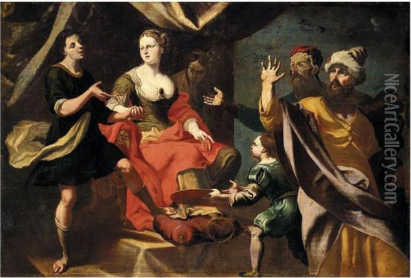 A Mythlogical Scene, Possibly Potiphar's Wife Accusing Joseph Before Her Husband Oil Painting - Giuseppe Antonio Petrini