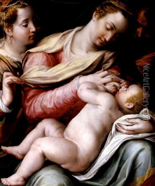 Madonna Allattante Tra Santa Caterina D'allessandria E San Giuseppe Oil Painting - Prospero Fontana
