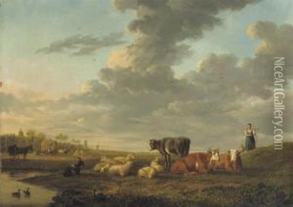 Cattle In A Meadow Oil Painting - Janbaptist Ii Kobell