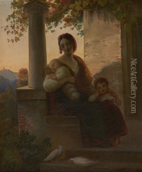 Junge Italienerin Mit Zwei Kindern Vor Dem Haus Oil Painting - Friedrich von Amerling