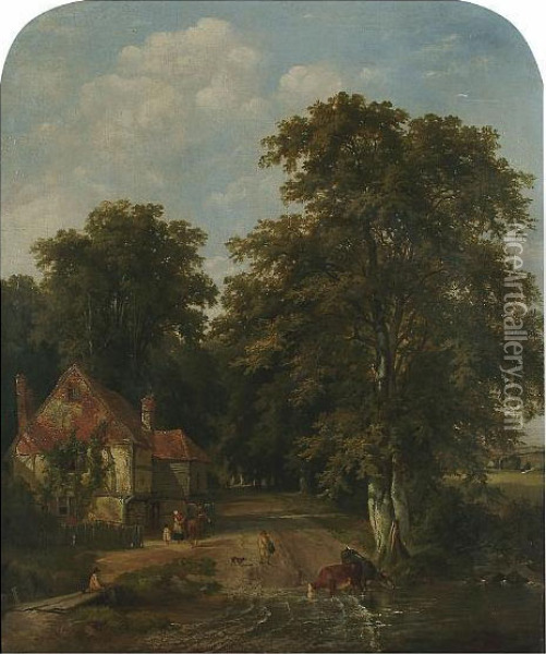 Landscape With An Angler Beside A Ford, A Cottage Beyond Oil Painting - Edward Charles Williams