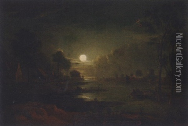 Figures In A Rowing Boat In A Moonlit River Estuary Oil Painting - Sebastian Pether