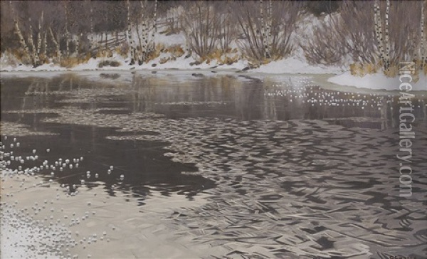 Rimfrost Pa Sjon Racken Oil Painting - Gustaf Fjaestad